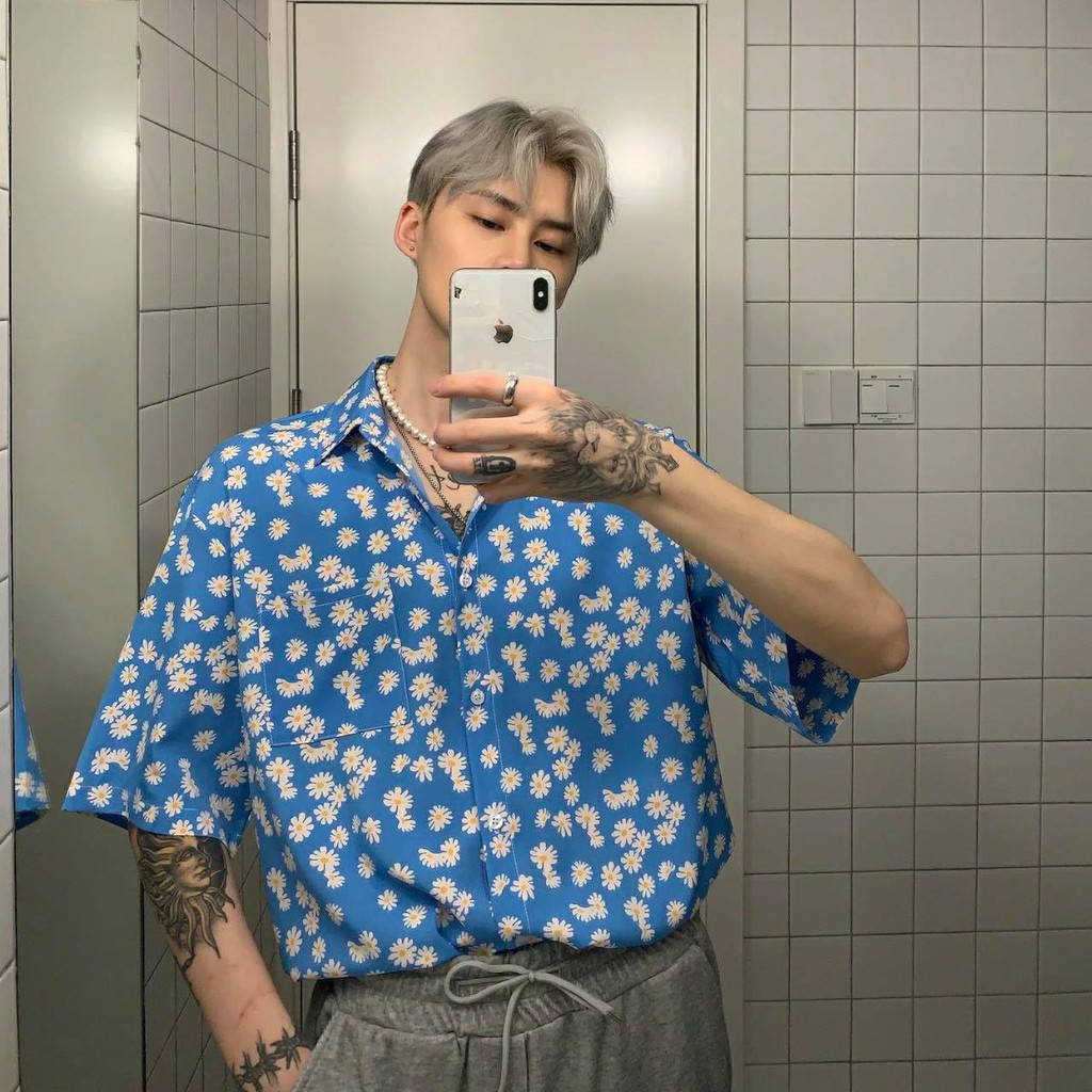Áo sơ mi unisex freesize họa tiết BÔNG CÚC MINI