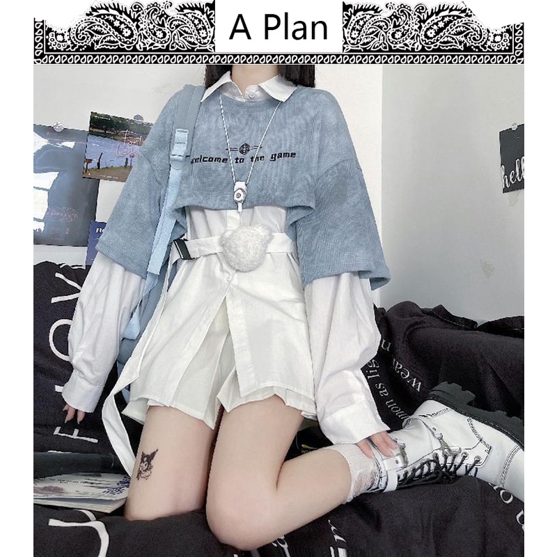 Bộ Áo Sweater Nhuộm Màu+Áo Thun Phối Cà Vạt Kiểu Nhật Bản Dễ Thương