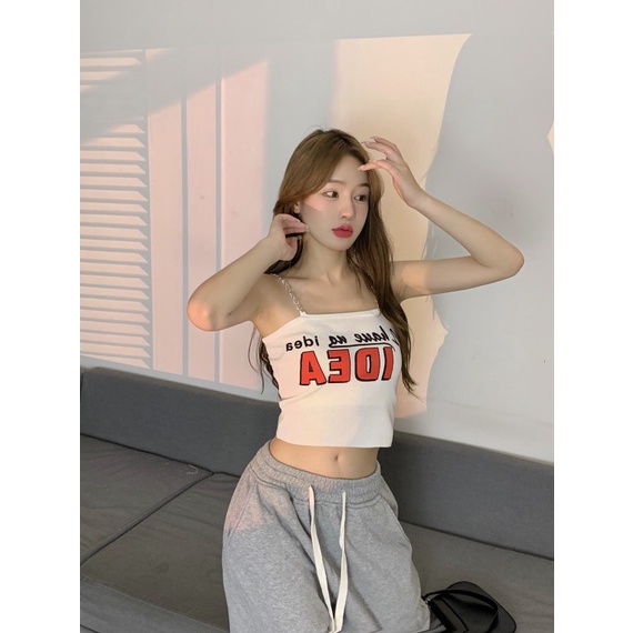 Áo hai dây cổ vuông in chữ, phối dây xích thời trang quyến rũ cho nữ, Áo 2 dây sexy hotrend