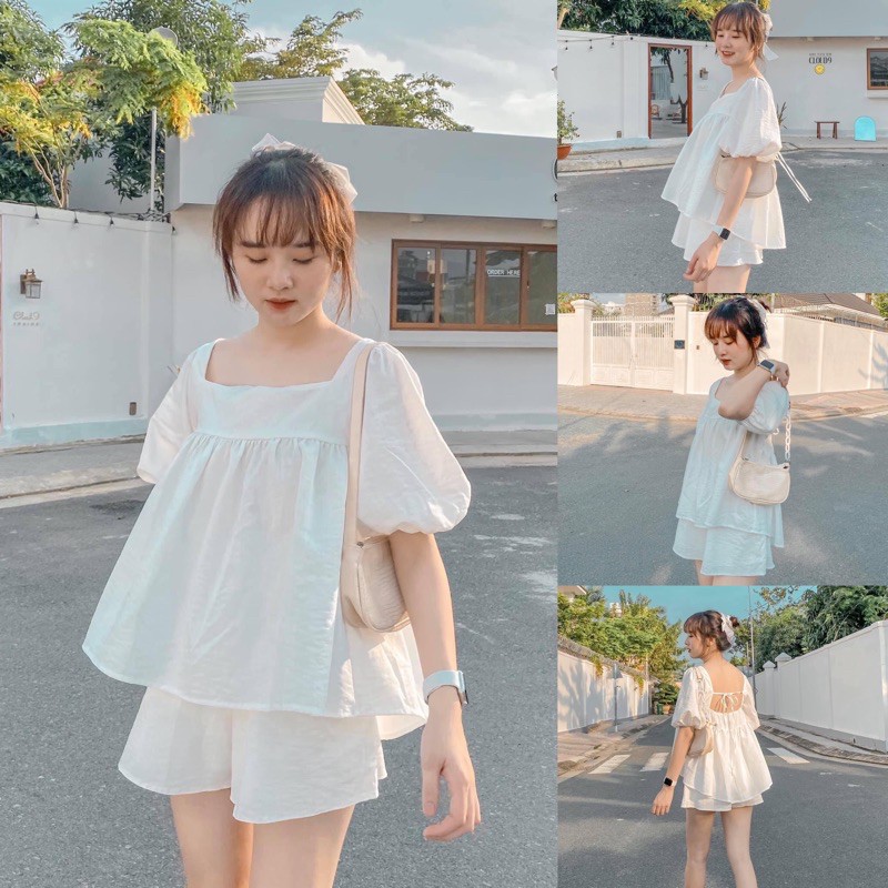 Set đồ màu trắng gồm áo babydoll trắng kèm quần form chuẩn không kén dáng Sun Fashion