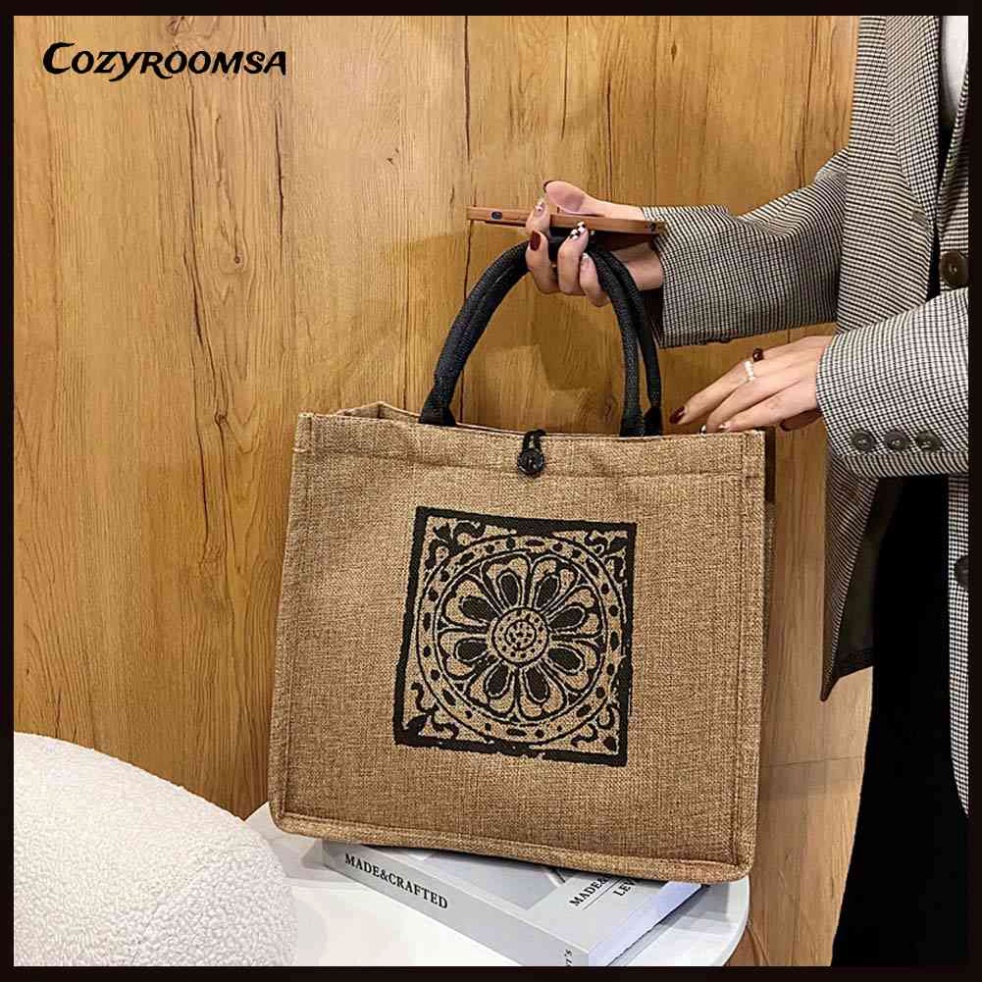 Túi Xách Tay Cỡ Lớn In Họa Tiết Mandala Phong Cách Vintage - Túi Cói Du Lịch Phông Cách Hàn Quốc