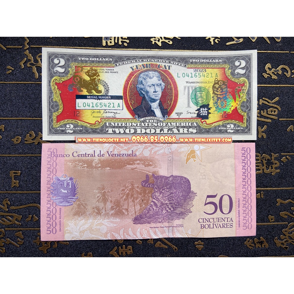 COMBO 2 món gồm 2 USD Hình Con mèo Mạ và.ng 2023 và tờ con mèo Venezuela May Mắn Tài Lộc, Quà tặng phong thủy Tết