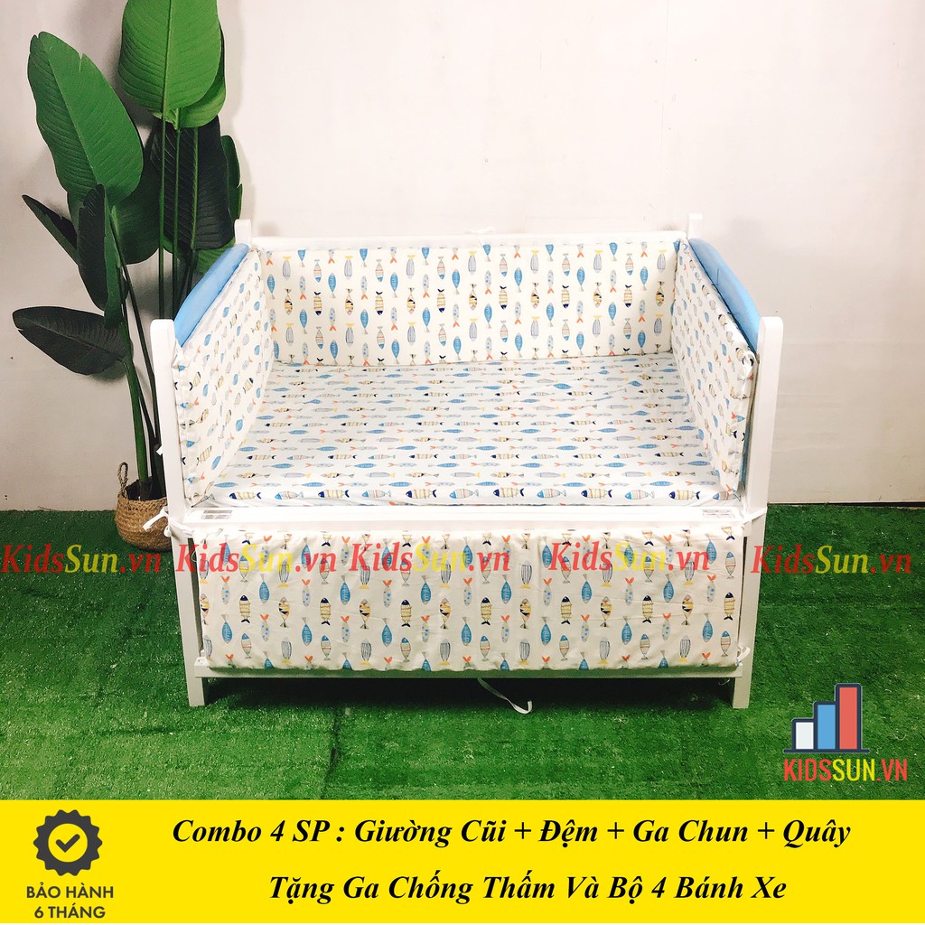 Cũi Cho Bé KIDSSUN Giường Cũi Trẻ Em Kích Thước (110x70x86) Gỗ Quế Màu Trắng Xanh  BH 24 Tháng Hàng XKhẩu Kèm Quà Tặng