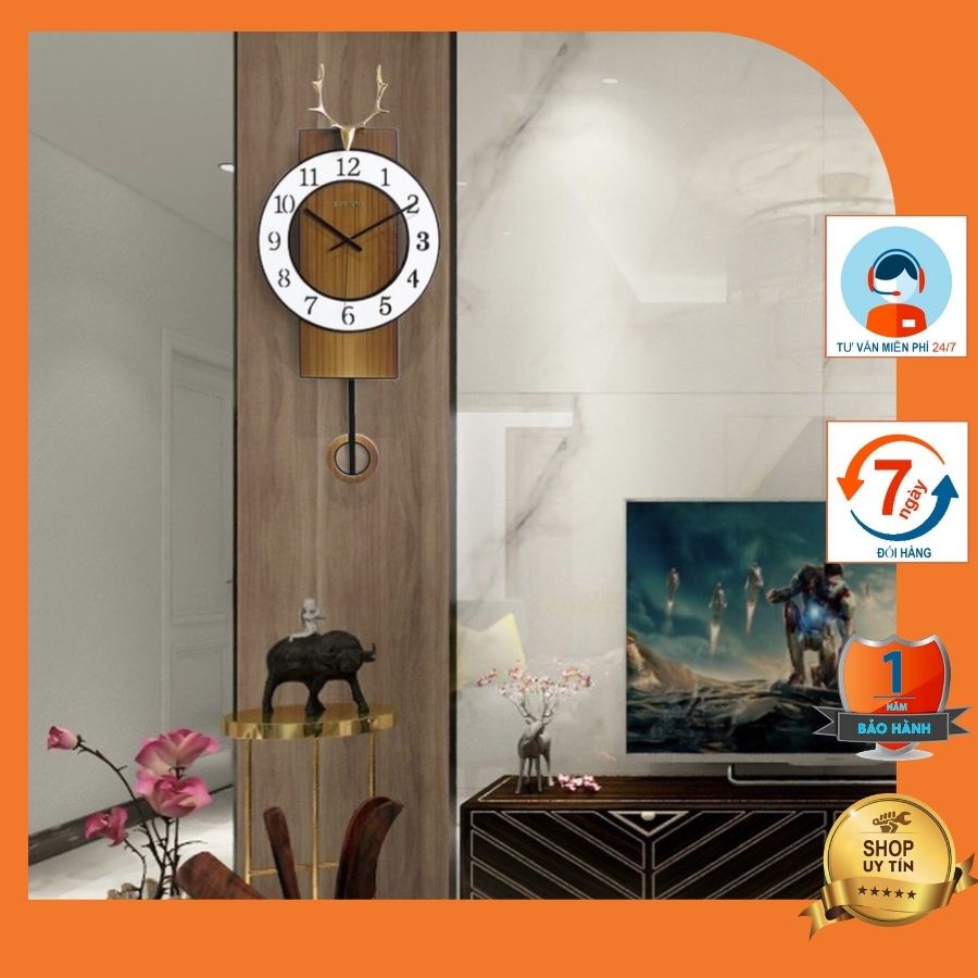 Đồng hồ treo tường quả lắc thiết kế hình chữ nhật điểm sừng nai nhỏ phong cách TÂN CỔ ĐIỂN - DHTT58