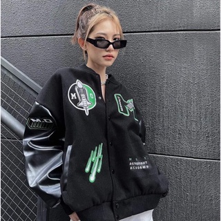 Áo khoác bomber - áo bomber nỉ phối tay da chữ m form rộng cao cấp hot trend 2022!