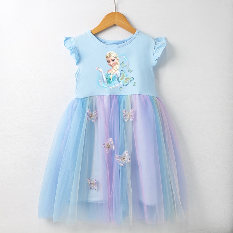 Váy Tutu Lưới Tutu Công Chúa Elsa Và Anna Cầu Vồng Thêu Hình Bướm 3D Chất Lượng Cao Cho Bé Gái