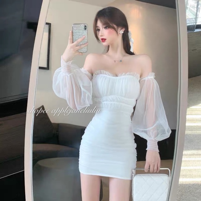 JANE’S Đầm quây dự tiệc voan sóng quyến rũ tay phồng cổ tích J0387