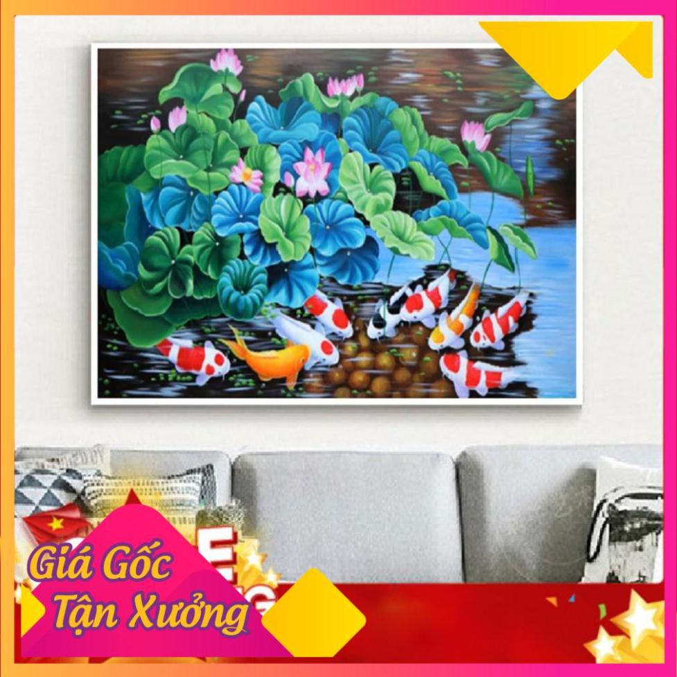 100x55CM TRANH THÊU CHỮ THẬP CỬU NGƯ QUẦN HỘI TRANH CHƯA THÊU CÁ CHÉP HOA SEN LV3043