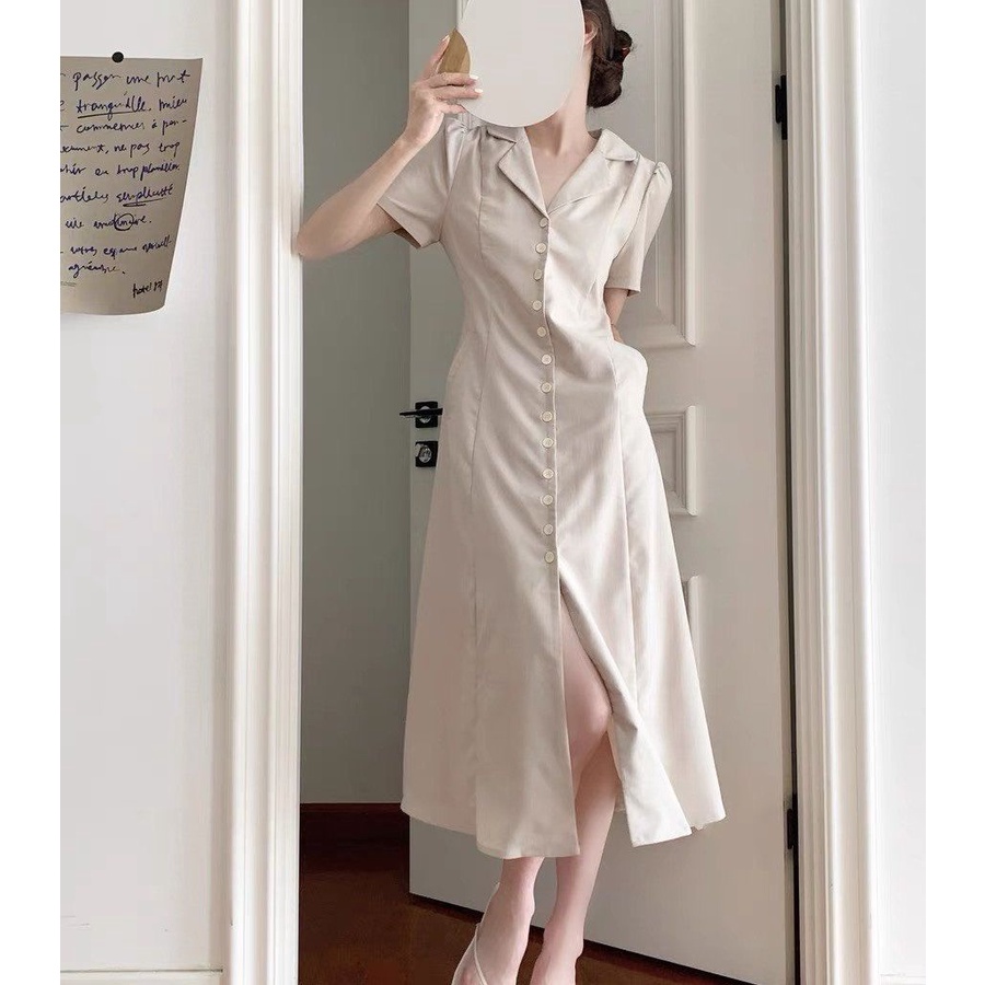 Đầm Váy Nữ Cổ Vest Dáng Midi Màu Kem Xinh Xắn, Trẻ Trung, Cá Tính, Chất Linen Dày Mềm Mịn, Mát, Bền Đẹp