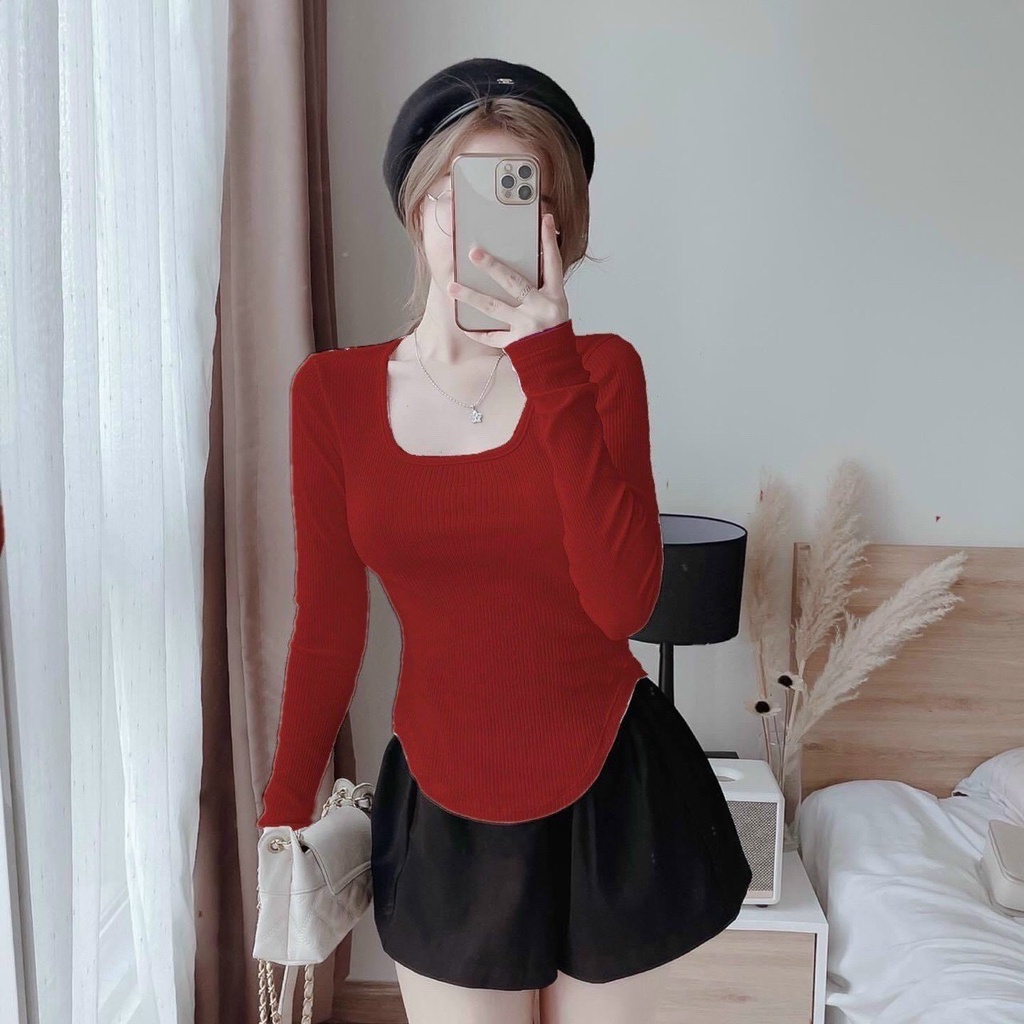 Áo Len Gân Vạt Bâu Ôm Body Kiểu Dáng Hàn Quốc Tay Dài Ulzzang hot hit Vạt Chéo Trễ Vai Dài Tay C030