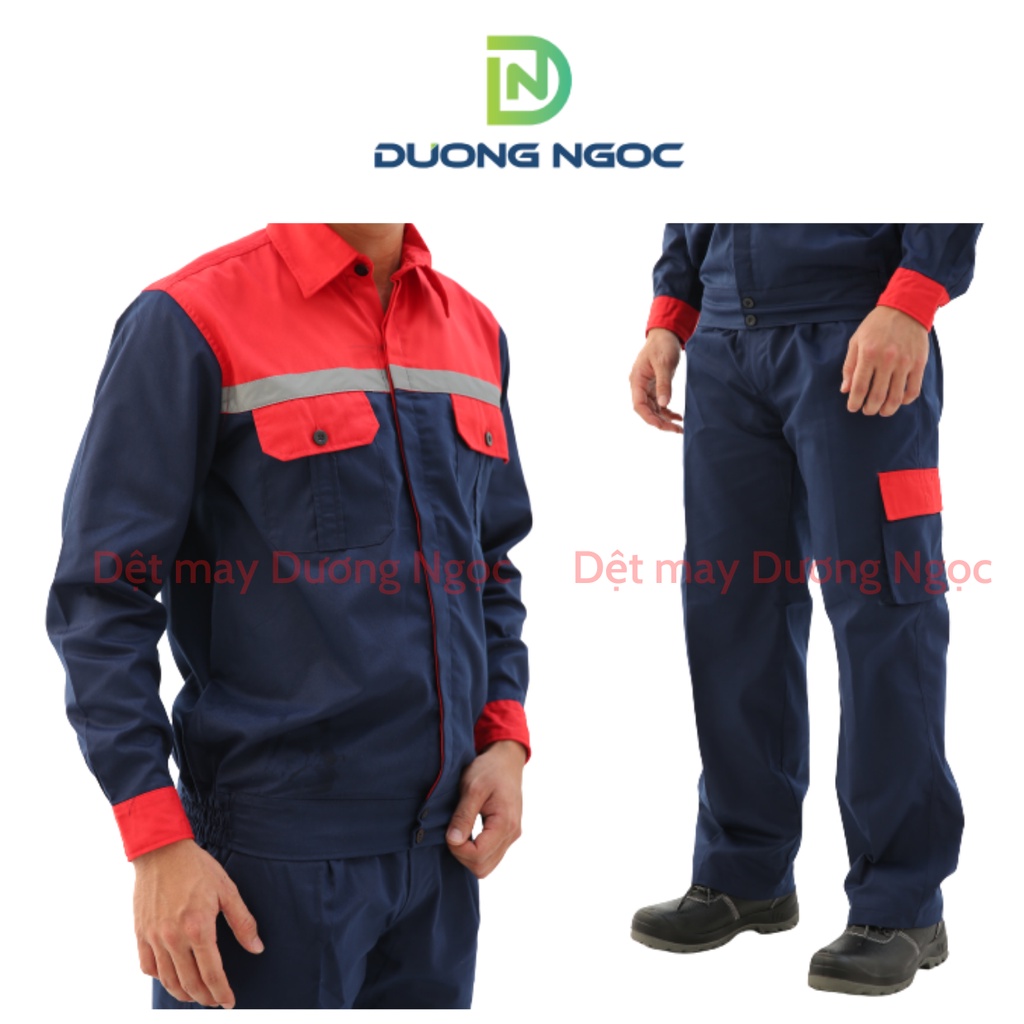 Quần Áo Bảo Hộ Lao Động Đồ Công Nhân, Đồng Phục BHLĐ Nam Nữ Màu Tím Than Phối Đỏ Vải Kaki31 Thấm Hút Mồ Hôi Đủ Size DN14