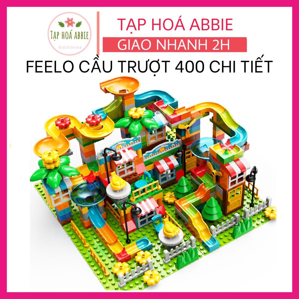 Bộ đồ chơi lắp ráp cầu trượt bi cho bé hãng FEELO 400 chi tiết, chất liệu nhựa ABS tương thích size lego duplo