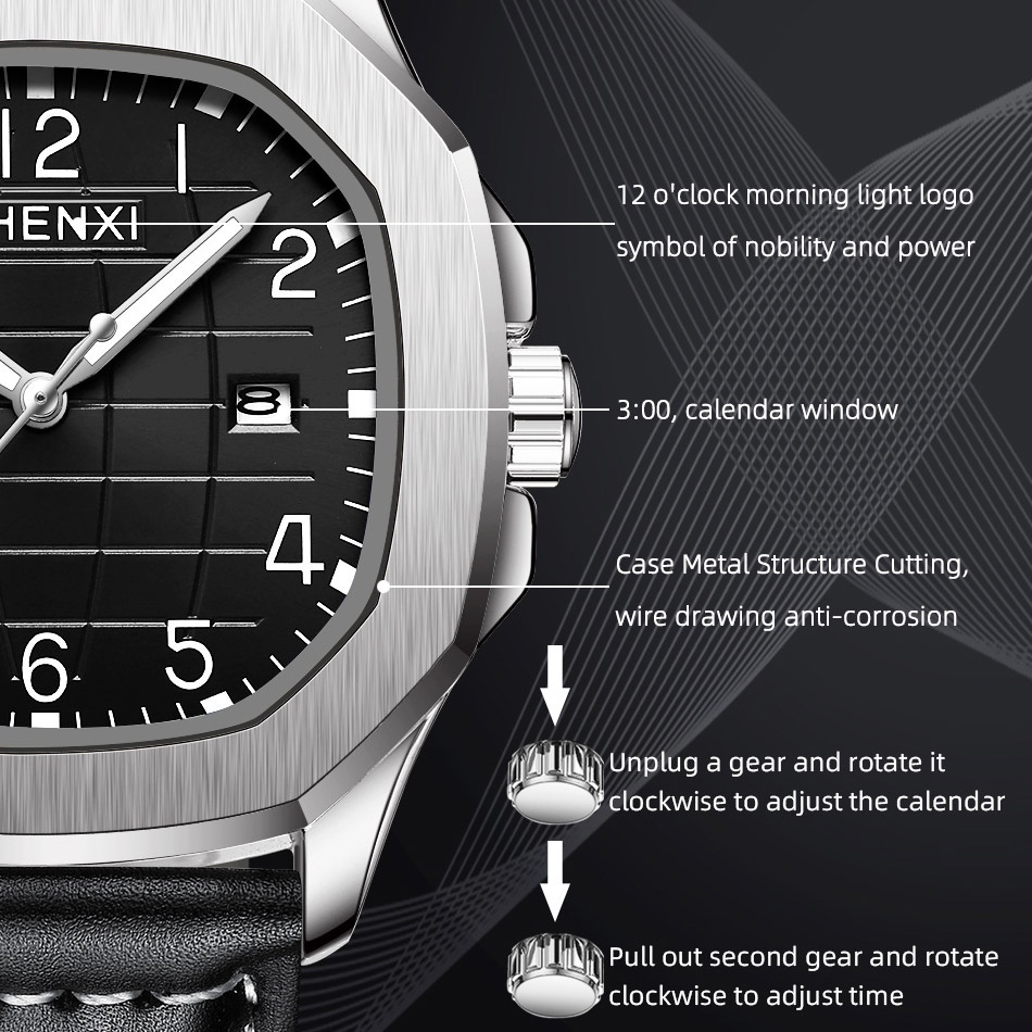 Đồng Hồ Đeo Tay Nam Mặt Vuông Dây Da Chống Thấm Nước Thời Trang