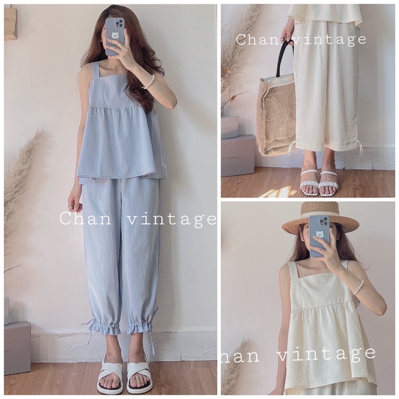 Bộ đồ nữ cổ vuông quần dáng lỡ chất đũi 2 dây vuông