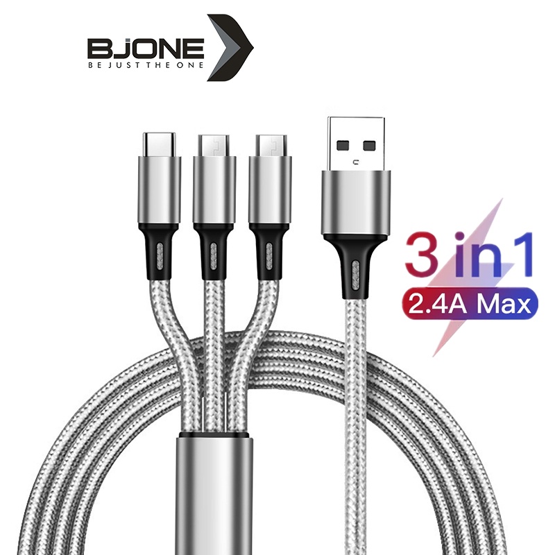 Dây cáp sạc truyền dữ liệu BJONE 2.4A 3 trong 1 đầu Type C Micro USB hợp cho Android