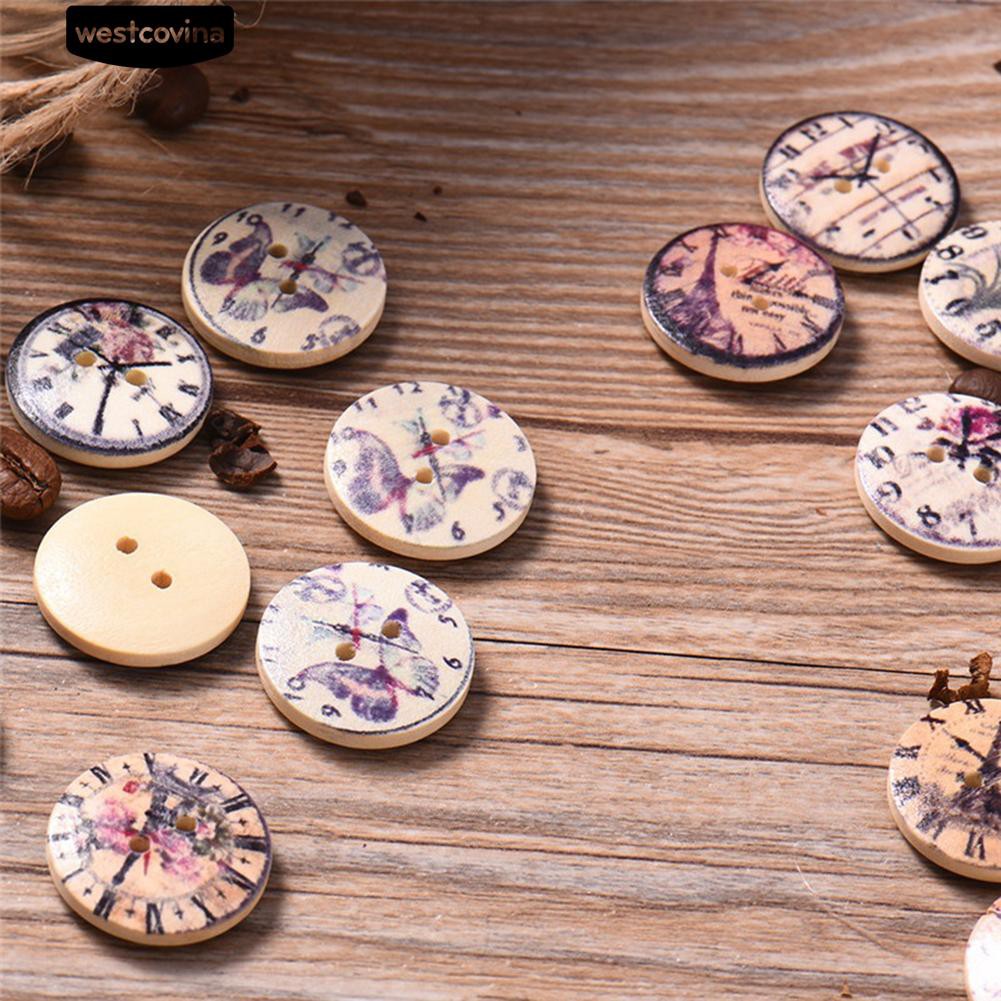 Set 50 Nút Gỗ 2 Lỗ Hình Đồng Hồ Vintage