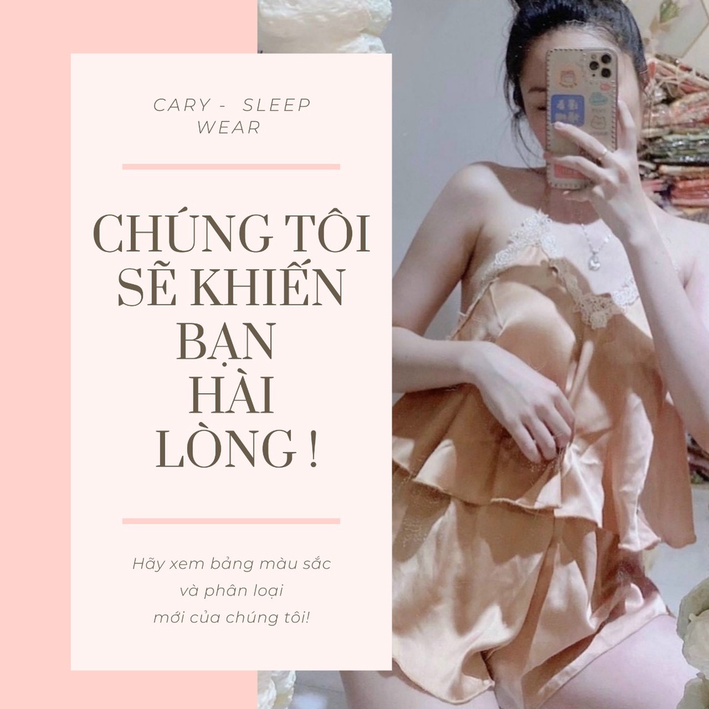 Đồ ngủ nữ sexy chất lụa satin cao cấp mặc nhà, bộ ngủ yếm phối ren gợi cảm bigsize CARY