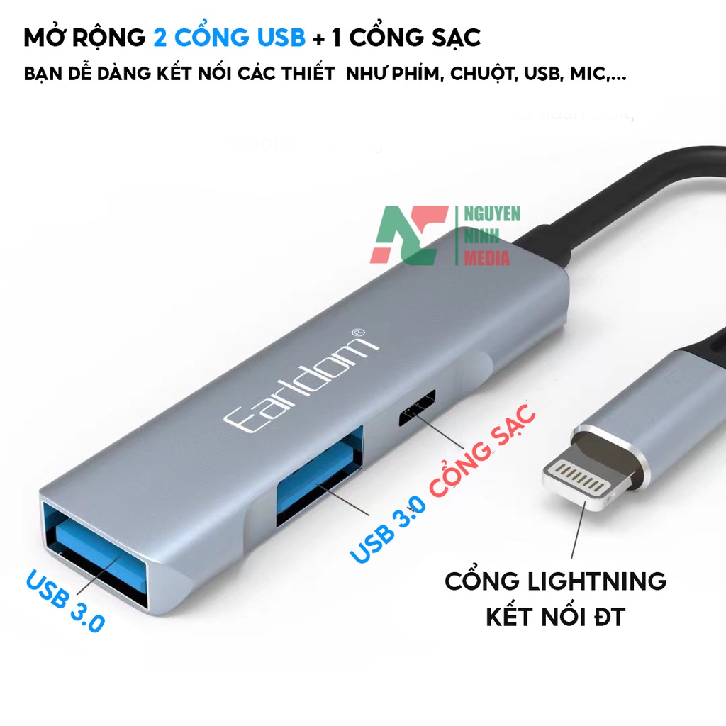 Cáp OTG Dành Cho iPhone, iPad Earldom HUB11 - Hỗ Trợ Cắm Phím, Chuột, USB , Midi Controller  - Hàng Chính Hãng