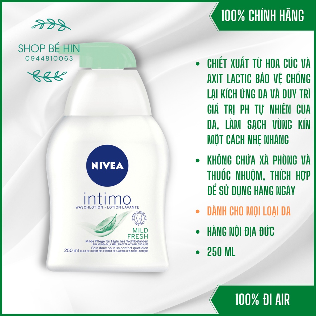 Dung dịch vệ sinh Nivea Intimo Đức đặc biệt dịu nhẹ và không gây kích ứng da, mùi thơm dễ chịu, không chứa xà phòng