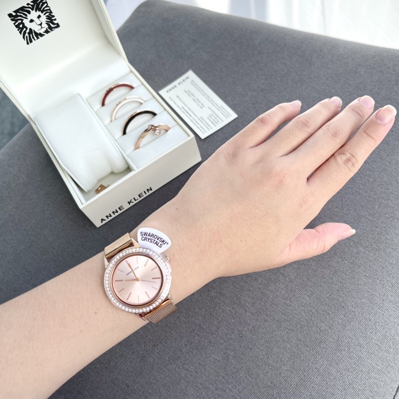 Set đồng hồ ANNE KLEIN nữ model AK/3166INST dây mesh rose gold kèm 4 viền thay thế