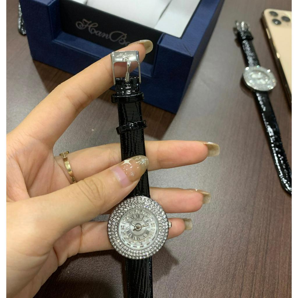 Đồng hồ nữ mặt full đính đá dây da đen vân rắn sang trọng