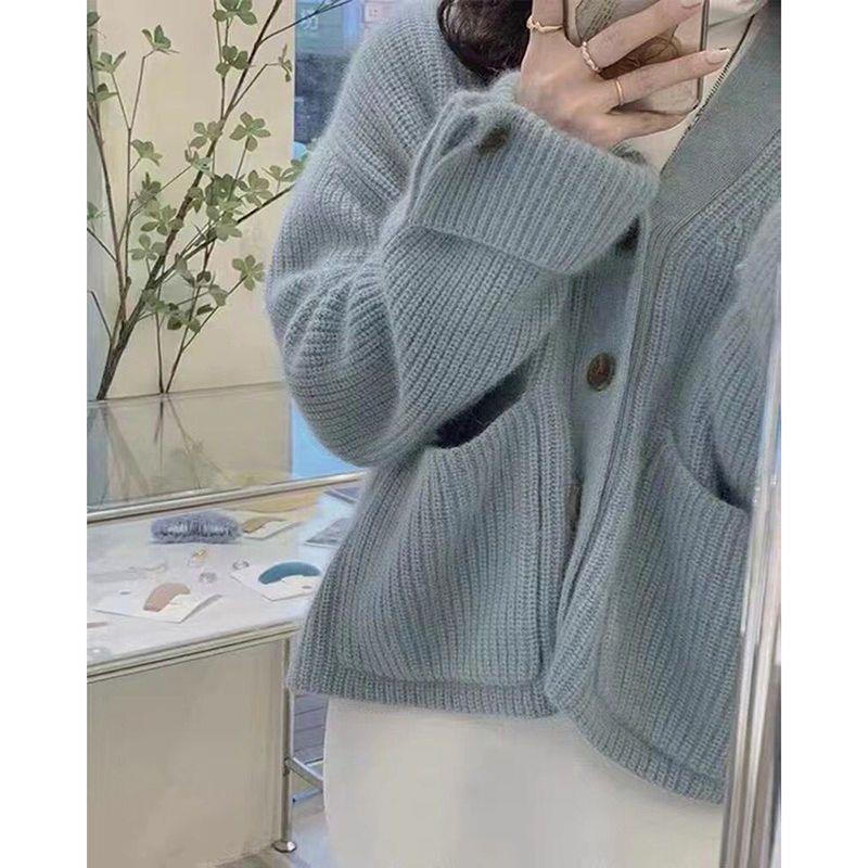 Mori Series First Love Milk Áo Khoác Cardigan Sweater Dệt Kim Mềm Màu Xanh Dương Sữa Cài Khuy Măng Sét Thiết Kế Túi Lớn Phong Cách Hàn
