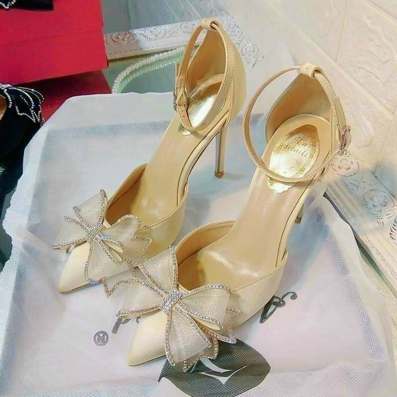 Cao gót Bít mũi hậu sau đính nơ gót 9cm