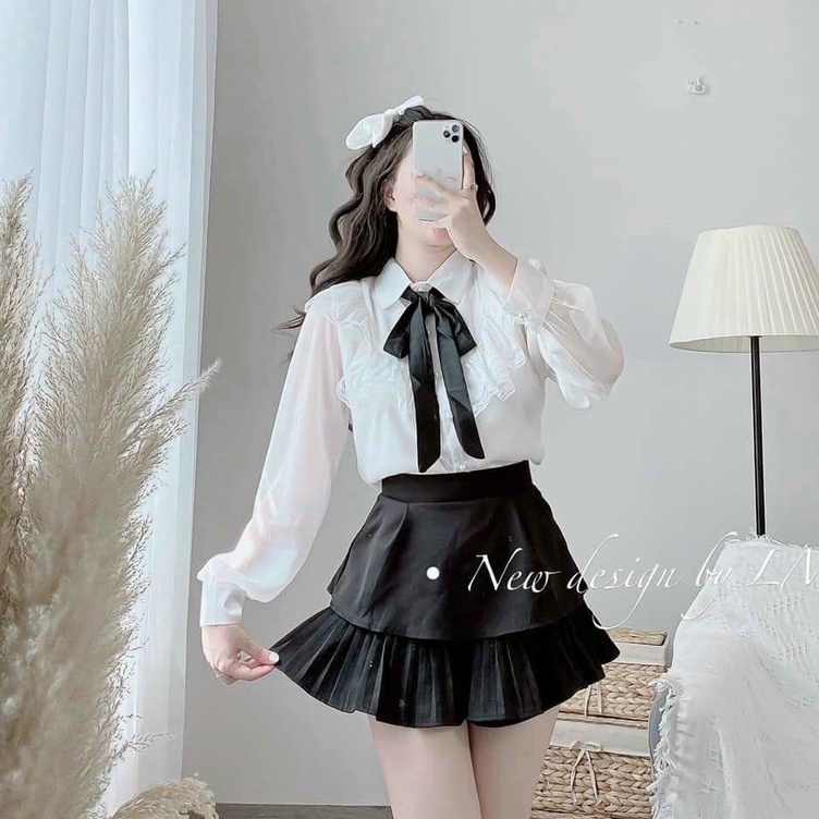 Áo sơ ,mi nữ cột nơ viền bèo