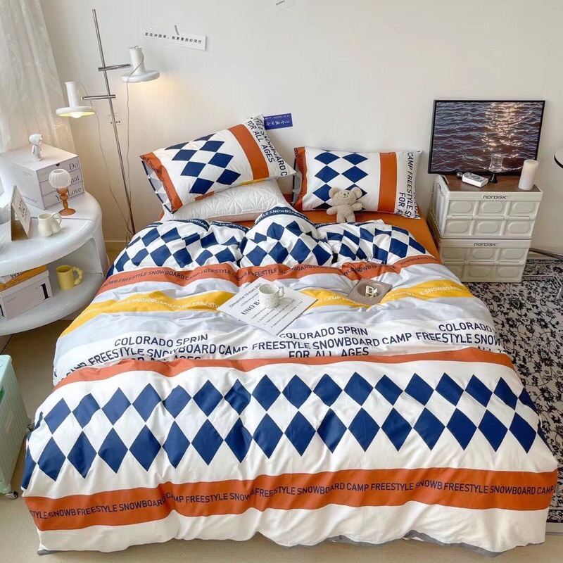 Bộ Chăn Ga Gối ❤️ Cotton living 100% cao cấp đủ size ga giường họa tiết kẻ miễn phí bo chun nhập khẩu Hàn Quốc