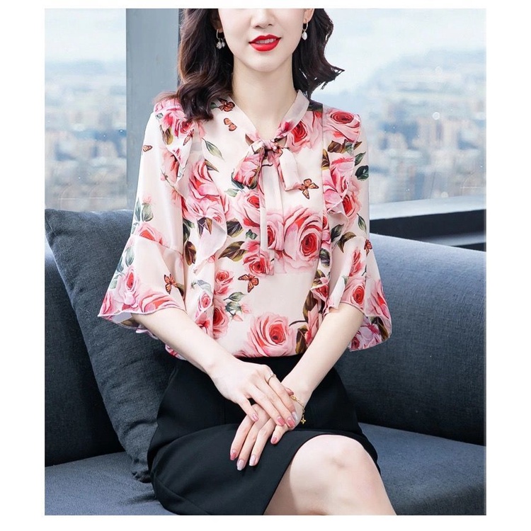 Áo Sơ Mi Chiffon Tay Ngắn Phối Ren Thời Trang Cho Nữ