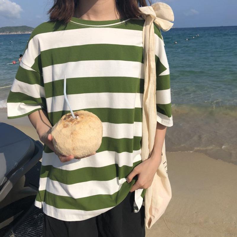 Áo thun tay ngắn cổ tròn dáng rộng họa tiết kẻ sọc trẻ trung thời trang phong cách Hàn Quốc