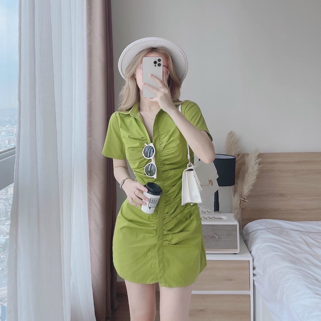 Đầm cổ sơ mi nhún eo cài nút thật siêu hot chanh xả