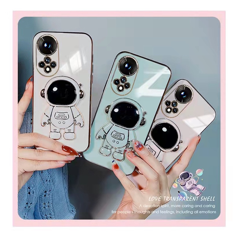 Casing Realme C15 C17 7i 8 Pro 4G 8i 5 5S 5i 2 C2 C1 U1 XT Multicolor Straight Edge Plating with Cute Cartoon Space Astronaut Stand  Fine Hole Anti-fall Lens Protection Soft Phone Case MMT 07