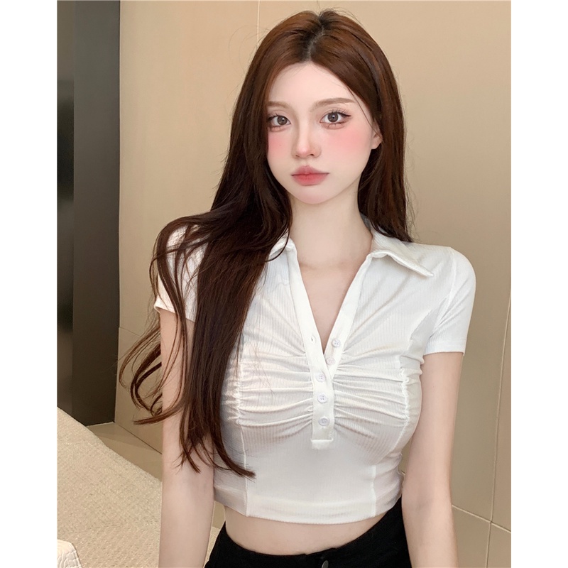 QKOOLE  Áo crop top Tay Ngắn Trễ Vai Cổ Chữ V Họa Tiết Kẻ Sọc Phong Cách Hàn Quốc Quyến Rũ Dành Cho Nữ