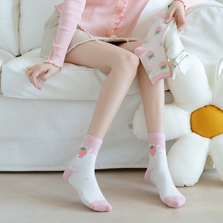 1 Đôi Vớ Cotton Họa Tiết Dâu Tây Đáng Yêu