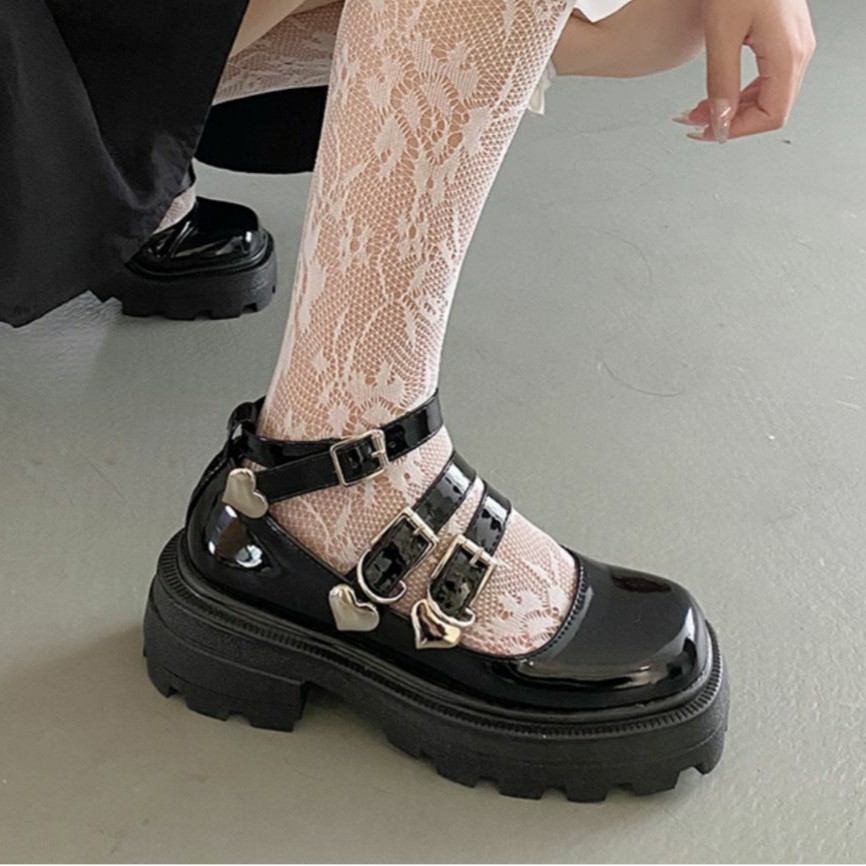 6:30PM Order Mã 002 Giày oxford ulzzang hot trend mũi tròn đế cao gót 4.5cm răng cưa quai ngang lolita móc khóa trái tim