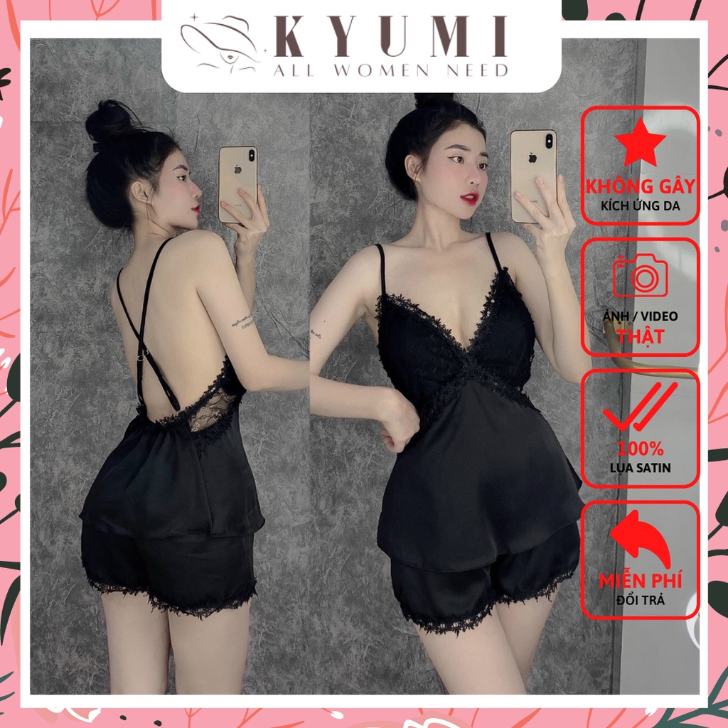 Đồ ngủ sexy đồ ngủ 2 dây chéo lưng phối ren KYUMI OFFICIAL, chất liệu lụa satin, freesize 40-60kg tùy chiều cao 009