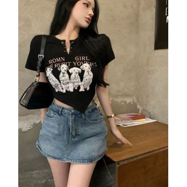 Ethelgirl Áo Thun Croptop Ngắn Tay In Họa Tiết Hoạt Hình Phong Cách Hong Kong Cho Nữ