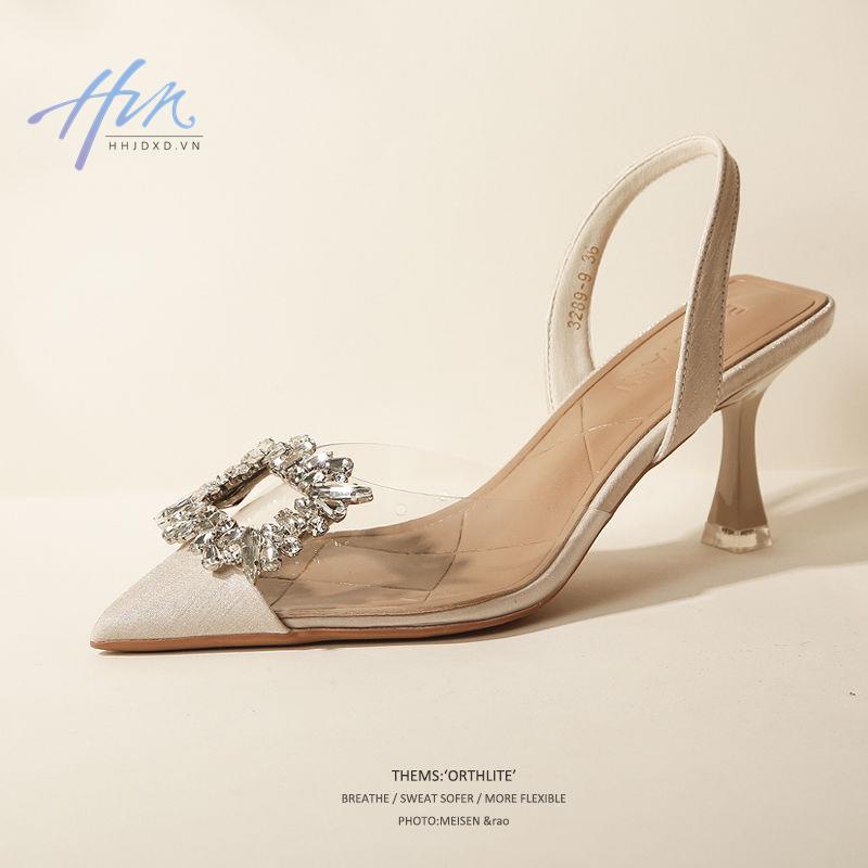 Giày Sandal Cao Gót Mũi Nhọn Quai Trong Suốt Đính Đá Sang Trọng Thời Trang Mùa Hè Dành Cho Nữ