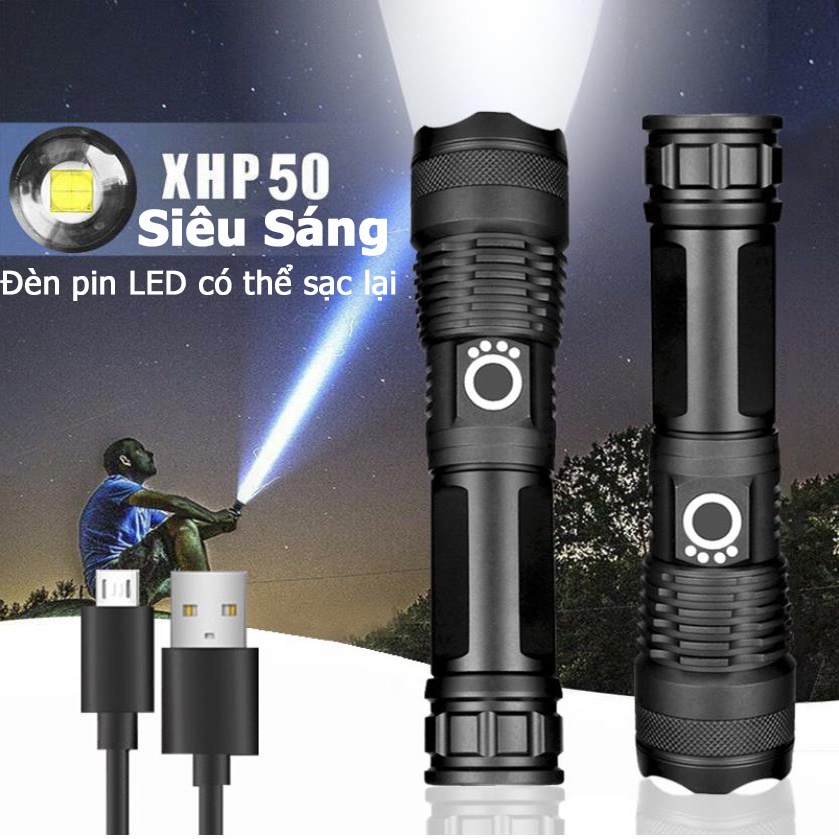 Đèn pin LED siêu sáng P50 USB có thể sạc lại Mini ngoài trời Đèn pin đi xe đạp không thấm nước 5 chế độ Có thể thu phóng
