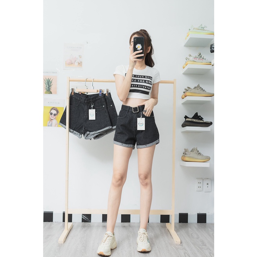 Quần Sọt Jean Nữ Đen Xám Lai Lật Lưng Cao Tôn Dáng