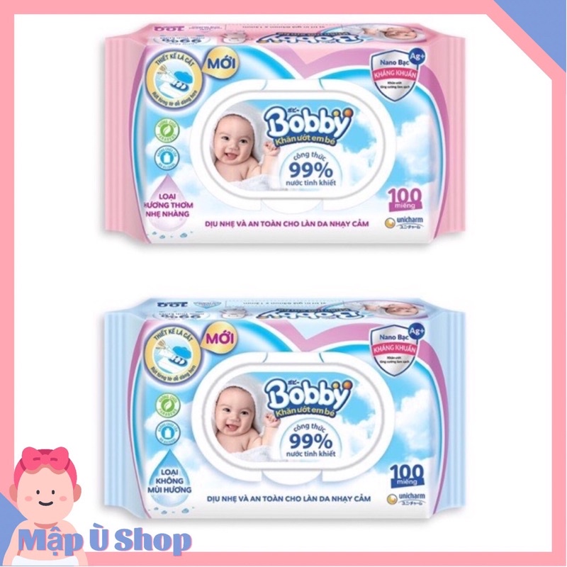 Khăn giấy ướt Bobby 100 tờ có mùi và không mùi