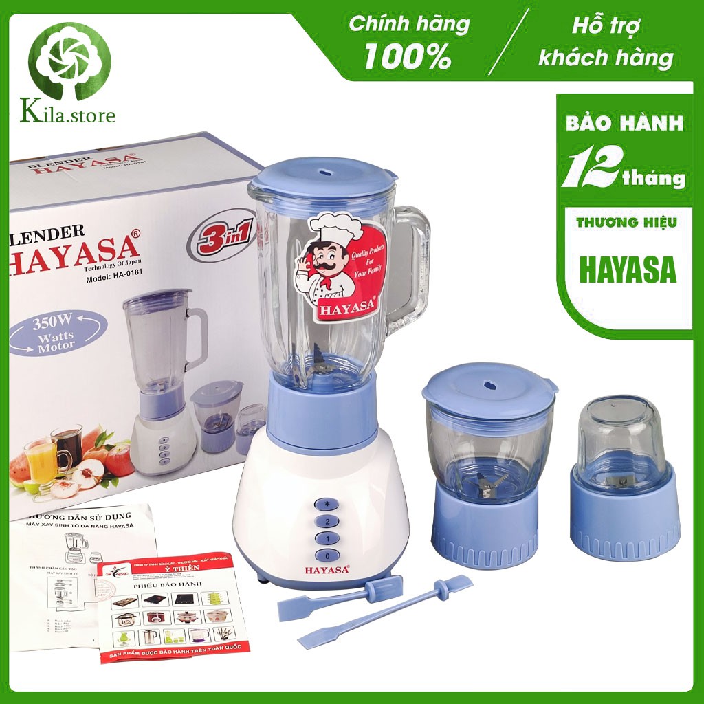 Máy xay sinh tố 3 cối Hayasa HA-0181 với công suất 350W, cối sinh tố bằng thủy tinh 1.2L