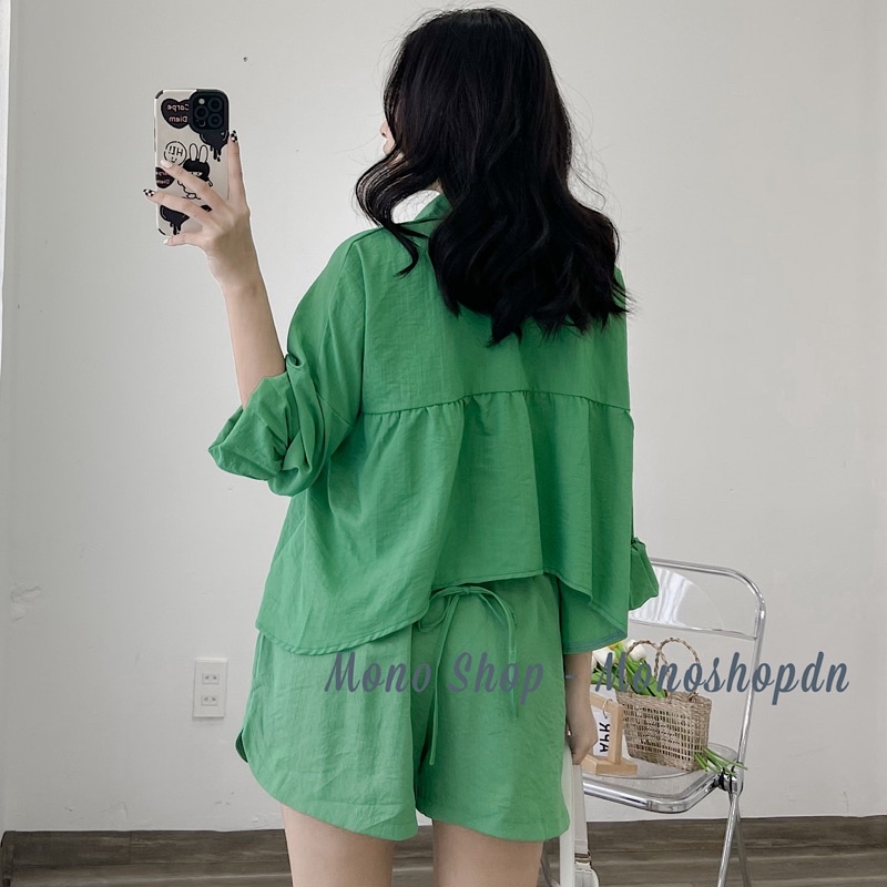 Set áo sơ mi đũi cột dây sau phom rộng kèm quần short lưng chun Ảnh thật/ sẵn