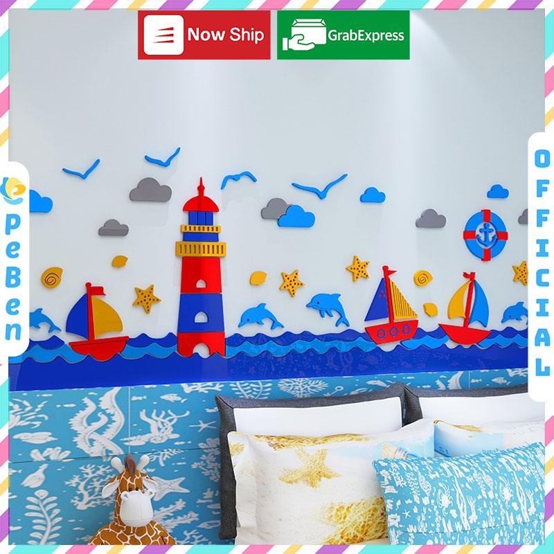 Tranh dán tường mica 3d decor khổ lớn đại dương ngọn hải đăng trang trí mầm non, phòng cho bé Nhiều Size - EPeBen