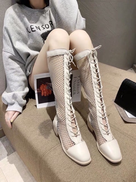 Bốt lưới đùi gót 7cm  sẵn be đen da lộn dưới gối