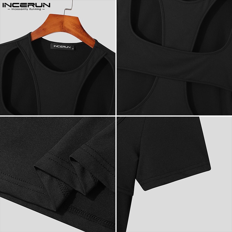 Áo thun INCERUN tay ngắn dáng ôm thiết kế lỗ thời trang cá tính cho nam