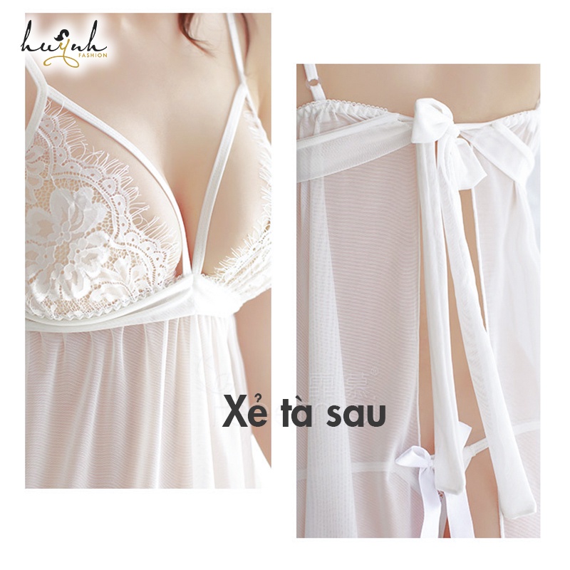 Váy Ngủ Hai Dây Phối Ren Xuyên Thấu Xẻ Tà Sau Hở Lưng Gợi Cảm - N22