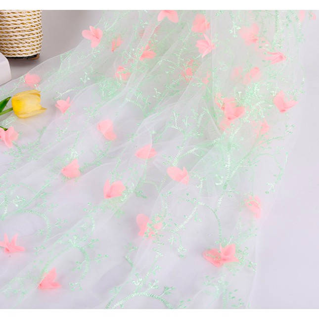 Vải Voan Ren Đính Hoa 3D Miếng nhỏ 50cmx70cm may đồ búp bê