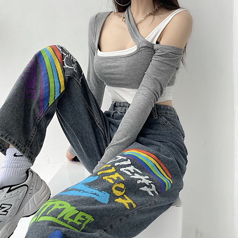 Quần Jean Ống Rộng Lưng Cao Họa Tiết Cầu Vồng graffiti Hàn Quốc Cỡ Lớn Cho Nữ